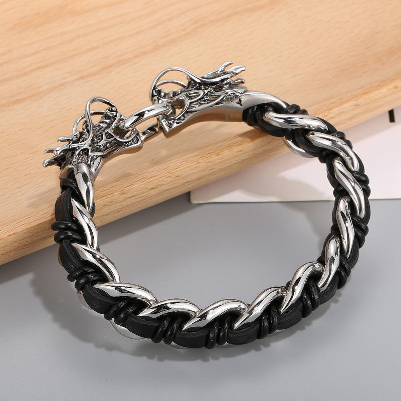 Fortune Jewel Dragon Leather Titanium Steel Protection Luck Braided Bracelet Fortune Jewel