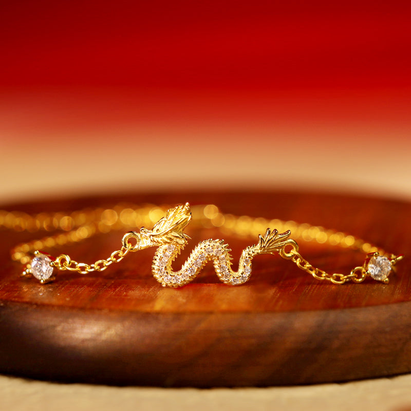 Fortune Jewel 925 Sterling Silver Year Of The Dragon Auspicious Golden Dragon Luck Red Rope Chain Bracelet