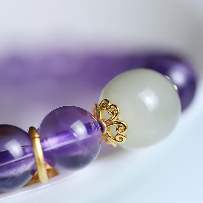 Fortune Jewel Natural Amethyst Crystal Hetian Jade Healing Charm Bracelet