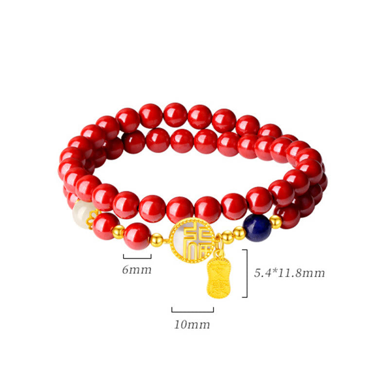 Fortune Jewel 925 Sterling Silver Cinnabar Tridacna Stone Fu Character Double Wrap Blessing Bracelet
