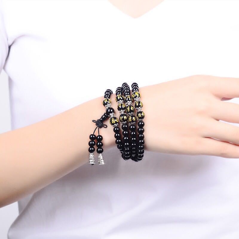 Fortune Jewel Black Obsidian Six True Words Protection Mala Bracelet