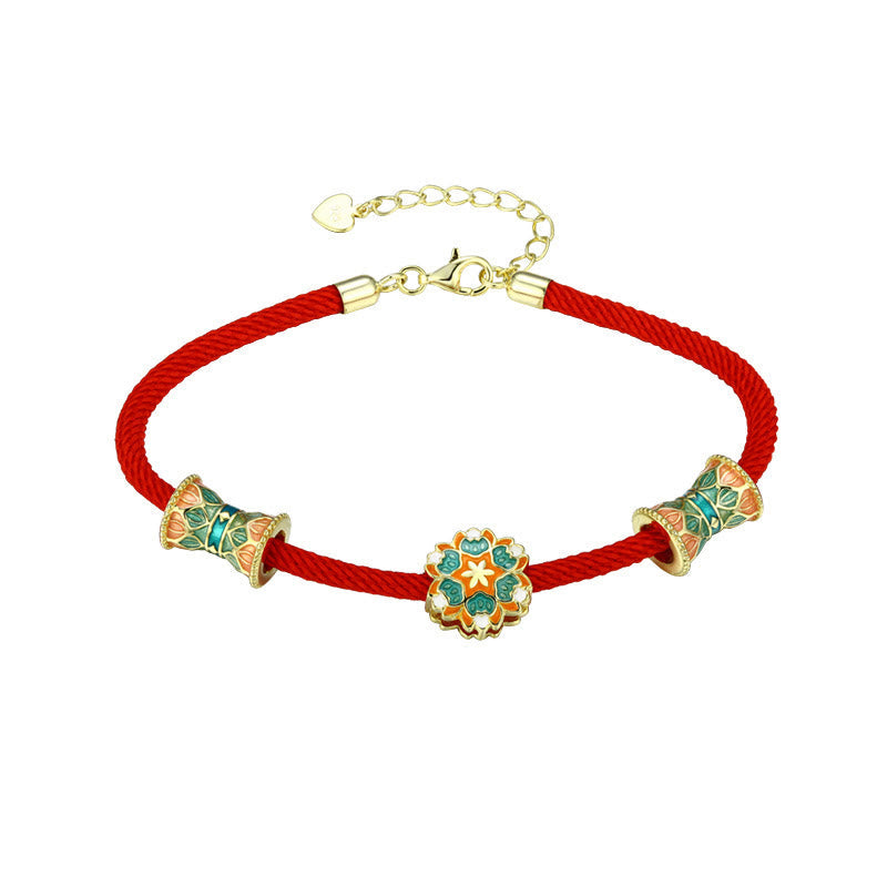 Fortune Jewel Dunhuang 925 Sterling Silver Lotus Drum New Beginning Red Rope Bracelet
