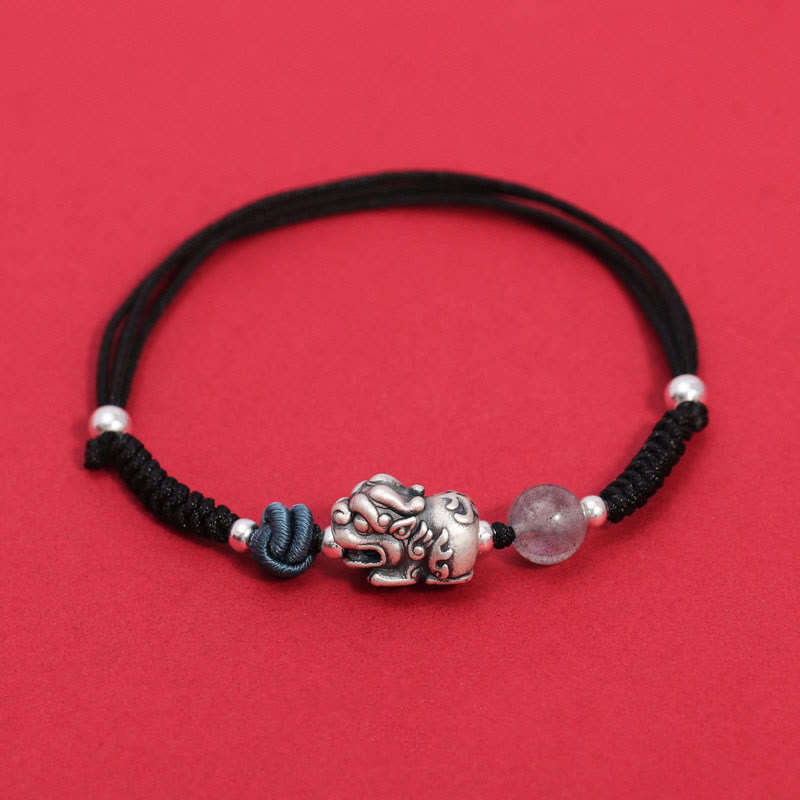 Fortune Jewel 999 Sterling Silver PiXiu Strawberry Quartz Bead Wealth Luck Braided Bracelet