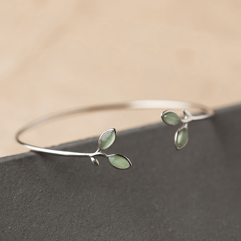 Fortune Jewel Leaf Pattern Cat Eye Support Cuff Bracelet Bangle