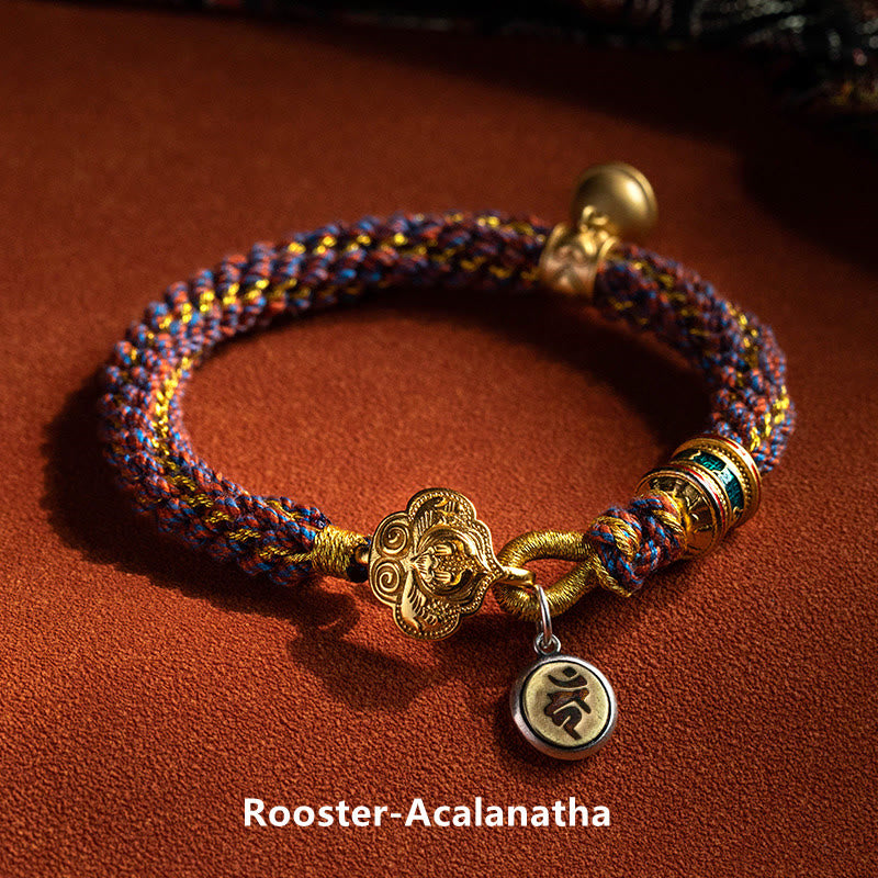 Fortune Jewel 925 Sterling Silver Chinese Zodiac Natal Buddha Om Mani Padme Hum Luck Bell Braided String Bracelet