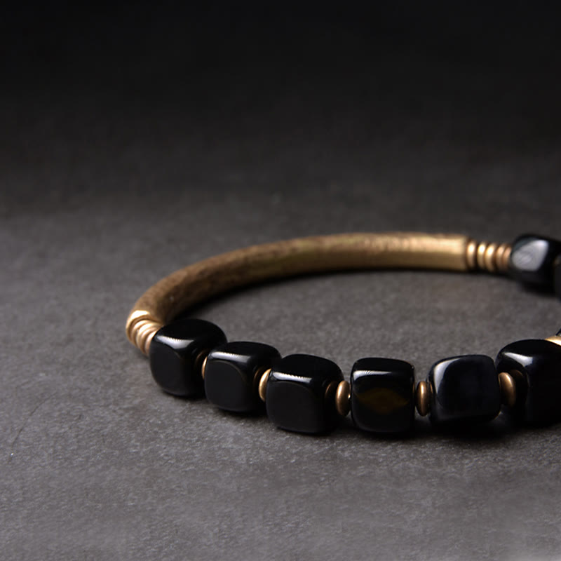 Fortune Jewel Black Obsidian Crystal Copper Strength Couple Bracelet