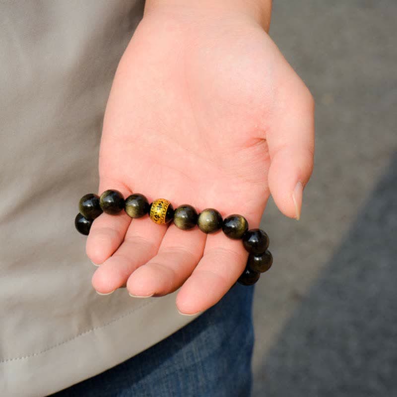 Fortune Jewel Chinese Zodiac Natal Buddha Gold Sheen Obsidian Wealth Protection Bracelet
