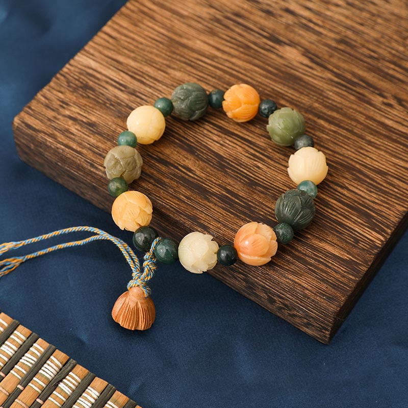 Fortune Jewel Bodhi Seed Lotus Bead Engraved Moss Agate Peace Calm Bracelet