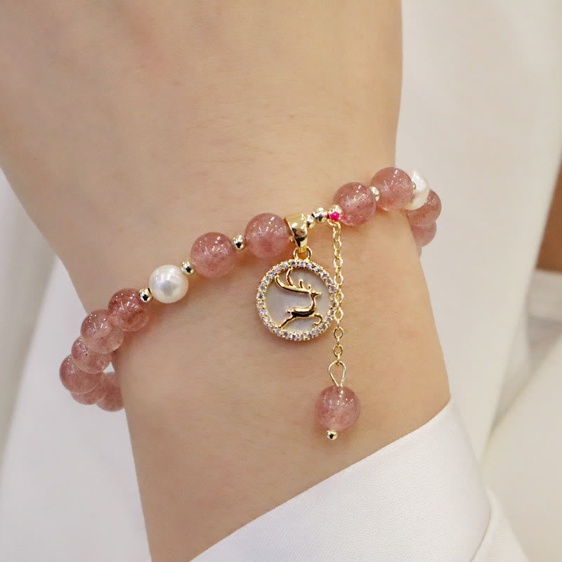 Fortune Jewel Strawberry Quartz Pearl Elk Smiley Face Fishtail Fu Character Charm Healing Bracelet