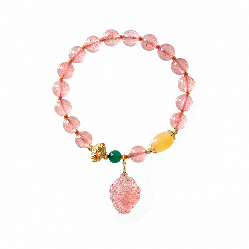 Fortune Jewel Natural Strawberry Quartz Nine Tailed Fox Healing Bracelet