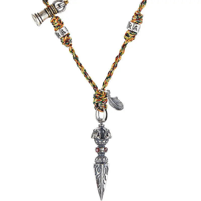 Fortune Jewel Tibetan Handmade 925 Sterling Silver Dorje Vajra Om Mani Padme Hum Feather Strength Necklace Pendant Fortune Jewel