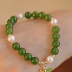 Fortune Jewel Natural Green Chalcedony Pearl Butterfly Courage Strength Bracelet