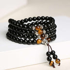 Fortune Jewel Black Obsidian Tiger Eye Blessing Mala Bracelet