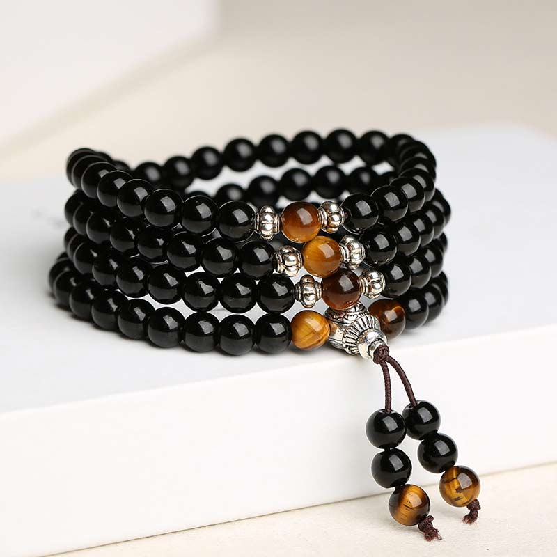 Fortune Jewel Black Obsidian Tiger Eye Blessing Mala Bracelet
