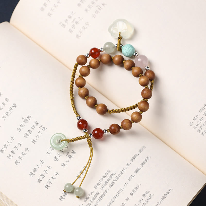 Fortune Jewel Green Sandalwood Chalcedony Peace Buckle Charm Soothing Double Wrap Bracelet