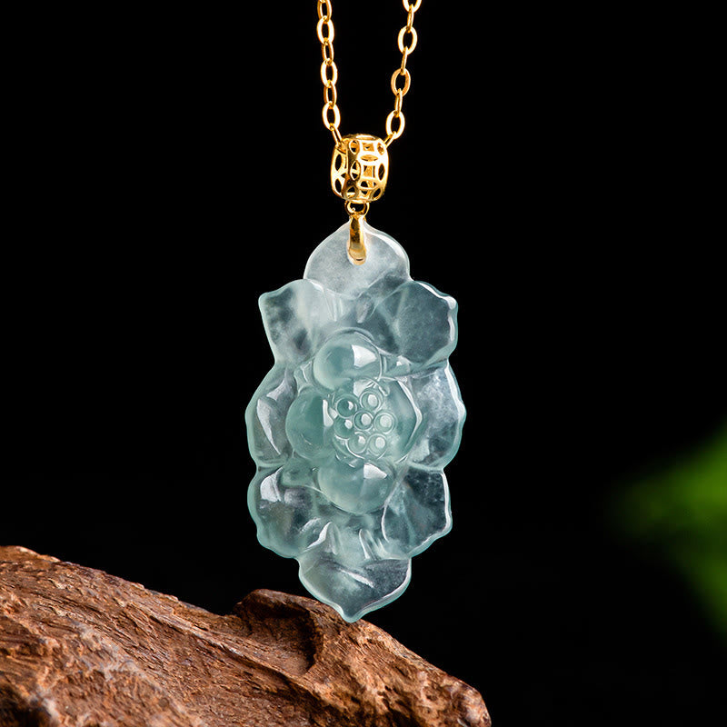 Fortune Jewel Natural Jade Lotus Pattern Prosperity Titanium Steel Chain Necklace Pendant Fortune Jewel