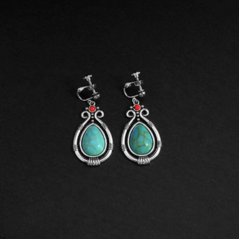 Fortune Jewel Tibet Vintage Turquoise Waterdrop Strength Drop Dangle Earrings Clips