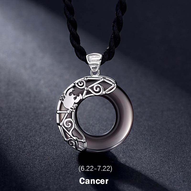 Fortune Jewel 12 Constellations of the Zodiac Ice Obsidian Blessing Round Pendant Necklace