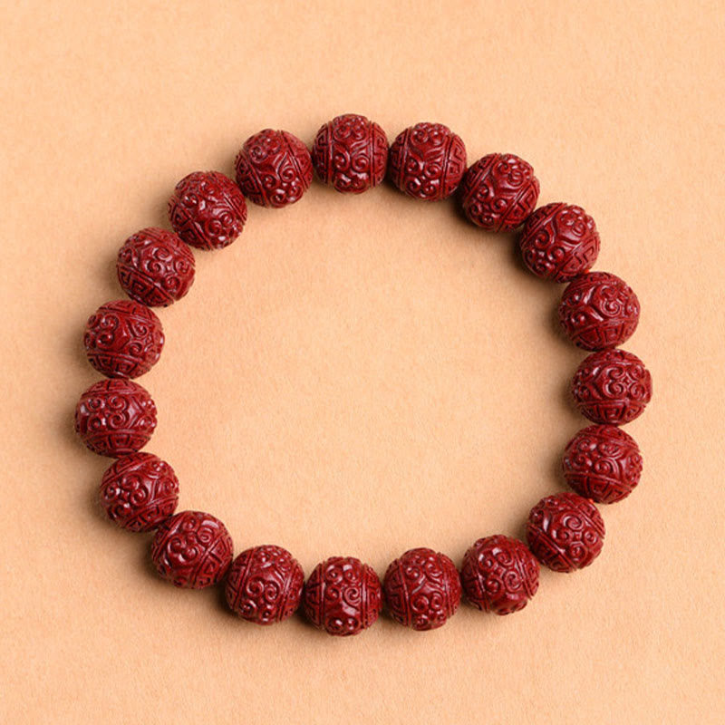 Fortune Jewel Natural Cinnabar Om Mani Padme Hum Fret Pattern Lotus Blessing Bracelet