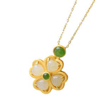 Fortune Jewel 925 Sterling Silver Lucky Four Leaf Clover Jade Prosperity Necklace Chain Pendant