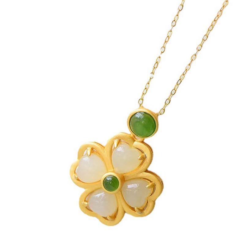 Fortune Jewel 925 Sterling Silver Lucky Four Leaf Clover Jade Prosperity Necklace Chain Pendant