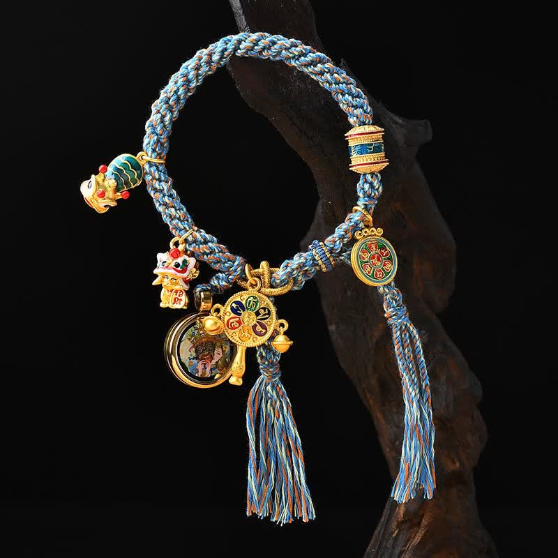 Fortune Jewel Tibetan Zakiram Goddess of Wealth Thangka Luck Prayer Wheel Braid String Bracelet