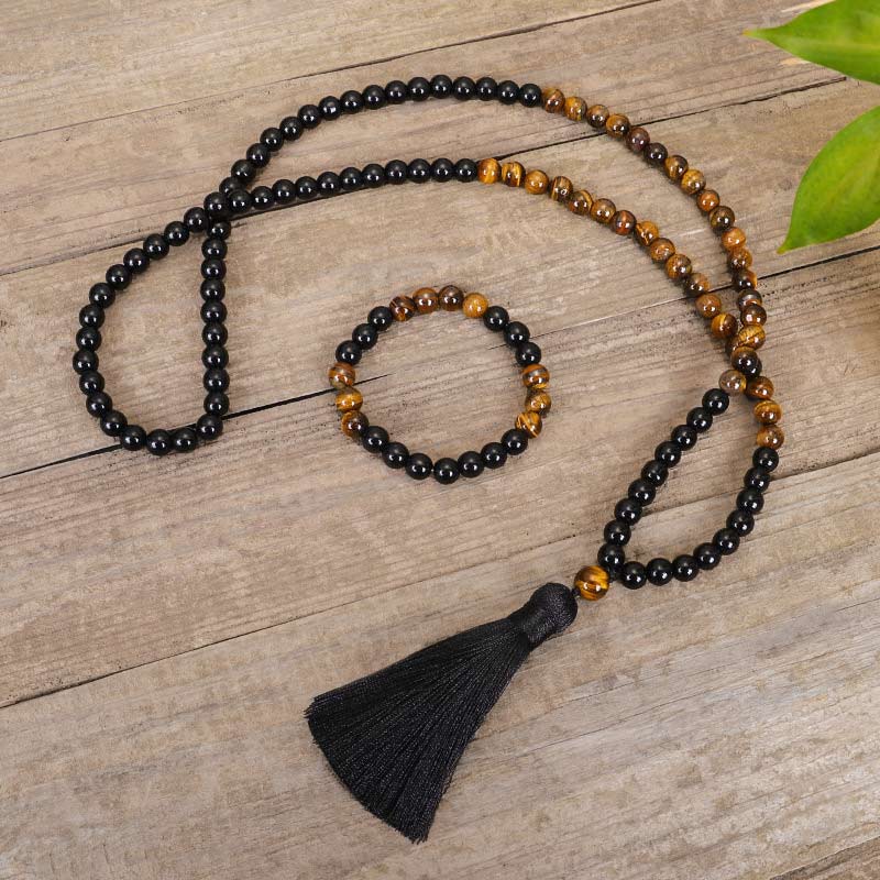 Fortune Jewel Tibetan Black Onyx Tiger Eye Protection Necklace Mala Set
