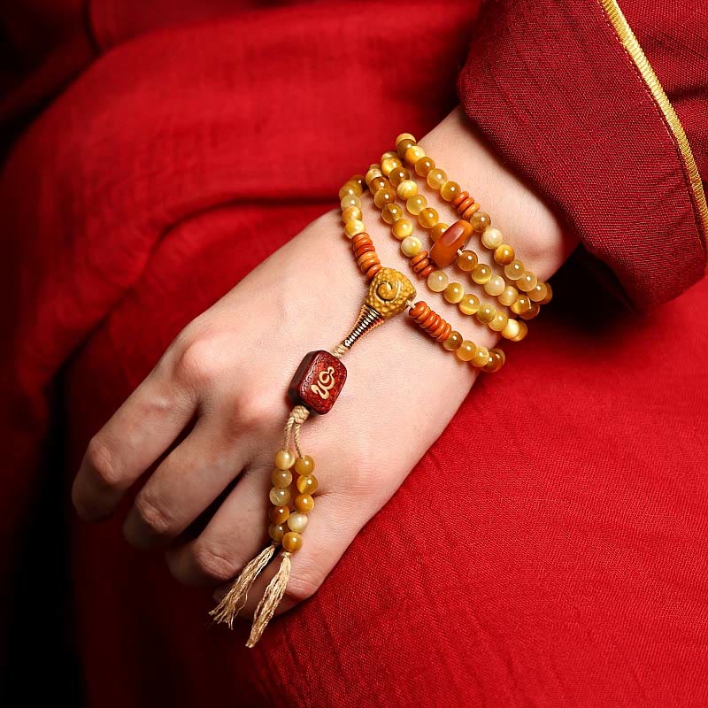 Fortune Jewel 108 Mala Beads Natural Tiger Eye Copper Dorje Protection Tassel Bracelet
