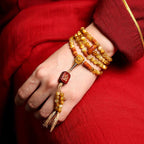 Fortune Jewel 108 Mala Beads Natural Tiger Eye Copper Dorje Protection Tassel Bracelet