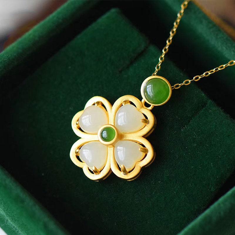 Fortune Jewel 925 Sterling Silver Lucky Four Leaf Clover Jade Prosperity Necklace Chain Pendant