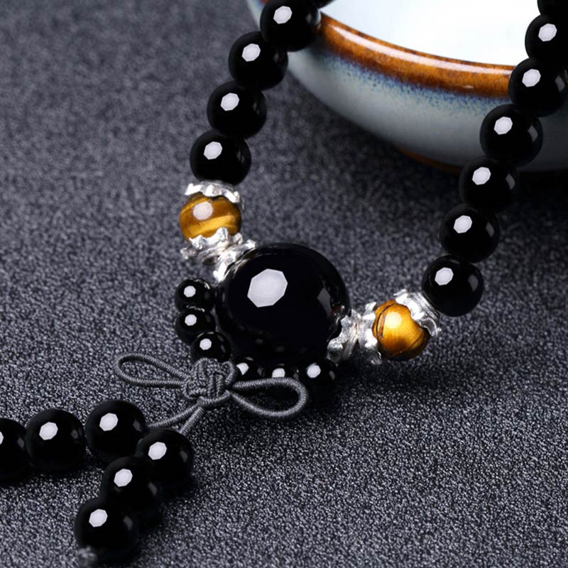 Fortune Jewel 108 Beads Natural Black Obsidian Tiger Eye Mala Bracelet
