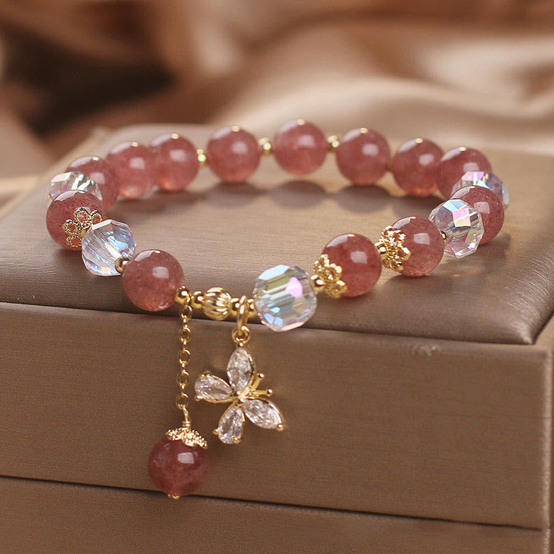 Fortune Jewel Natural Strawberry Quartz Love Healing Butterfly Charm Bracelet