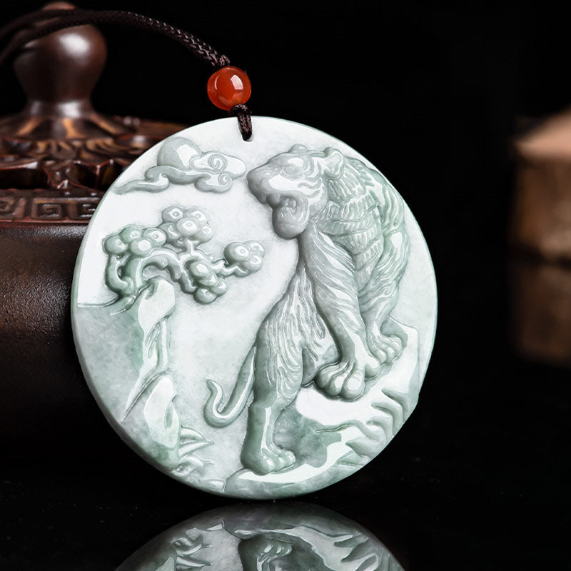 Fortune Jewel Chinese Zodiac Tiger Jade Protection Necklace String Pendant