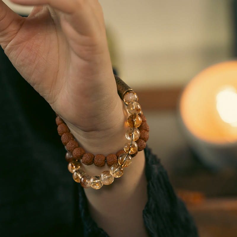 Fortune Jewel Natural Citrine Crystal Rudraksha Bodhi Seed Brass Bead Prosperity Double Wrap Bracelet