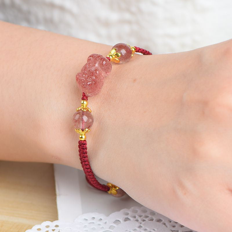 Fortune Jewel Natural Strawberry Crystal Pixiu Charm Lucky Red String Bracelet