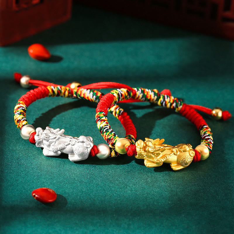 Fortune Jewel 999 Sterling Silver PiXiu Wealth King Kong Knot String Braided Kids Child Bracelet