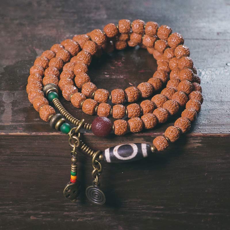 Fortune Jewel 108 Mala Rudraksha Beads Bodhi Seed Dzi Bead Luck Auspiciousness Tassel Bracelet