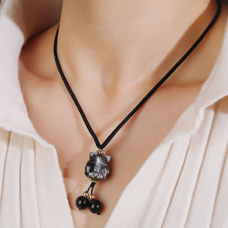 Fortune Jewel Natural Silver Sheen Obsidian Nine Tailed Fox Protection Necklace Pendant