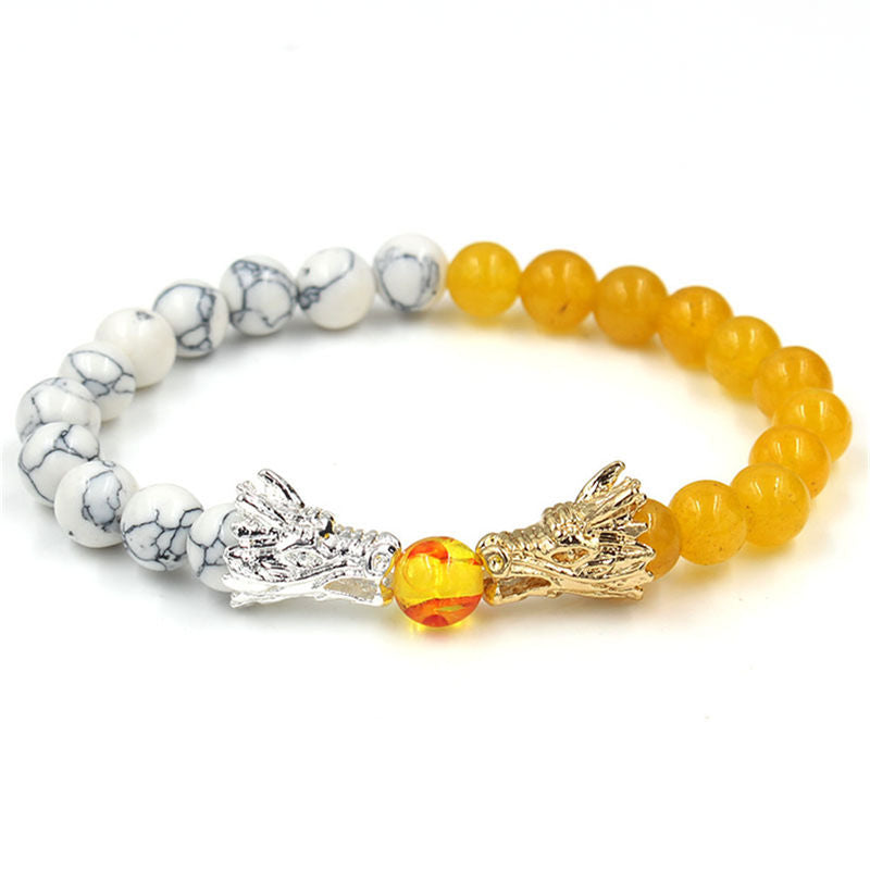 Fortune Jewel White Turquoise Lava Rock Dragon Blessing Beaded Bracelet