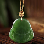 Fortune Jewel 925 Sterling Silver Laughing Buddha Hetian Cyan Jade 18K Gold Success Necklace Chain Pendant Fortune Jewel