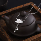Fortune Jewel 999 Sterling Silver Lotus Flower Pod Carved Enlightenment Necklace Pendant Fortune Jewel