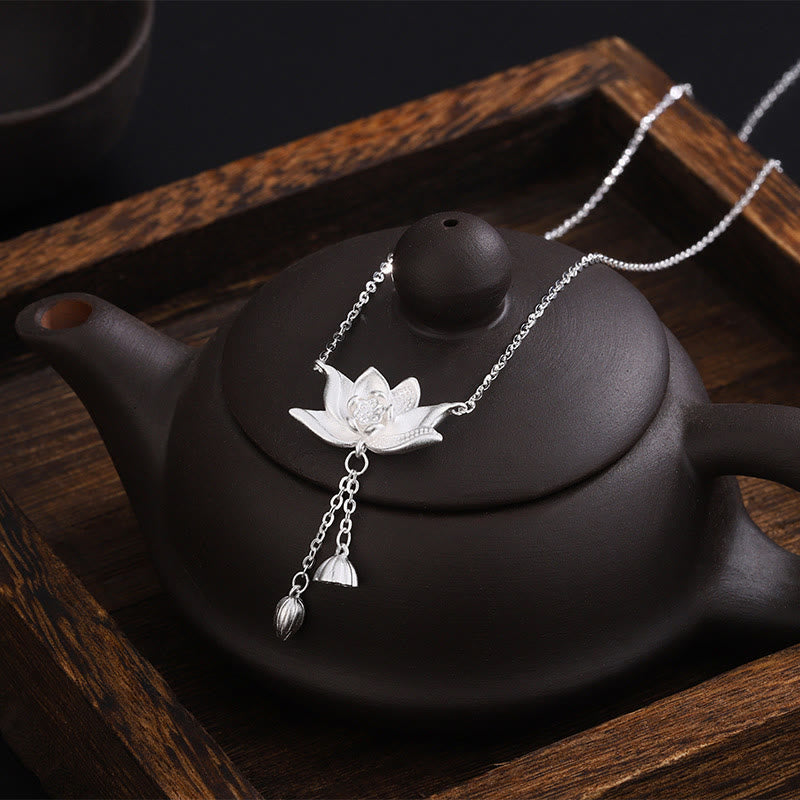 Fortune Jewel 999 Sterling Silver Lotus Flower Pod Carved Enlightenment Necklace Pendant Fortune Jewel