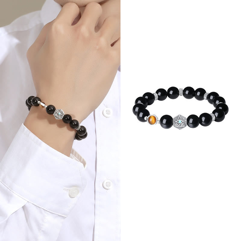 Fortune Jewel 925 Sterling Silver Black Obsidian Tiger Eye Eye of Providence Purification Bracelet