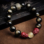 Fortune Jewel Gold Sheen Obsidian PiXiu Cinnabar Om Mani Padme Hum Protection Bracelet