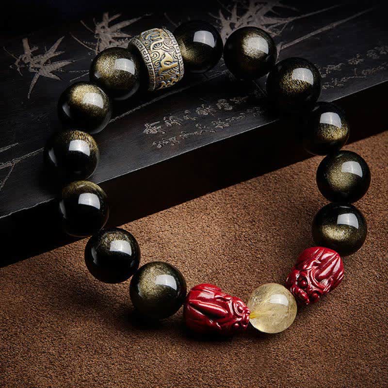 Fortune Jewel Gold Sheen Obsidian PiXiu Cinnabar Om Mani Padme Hum Protection Bracelet