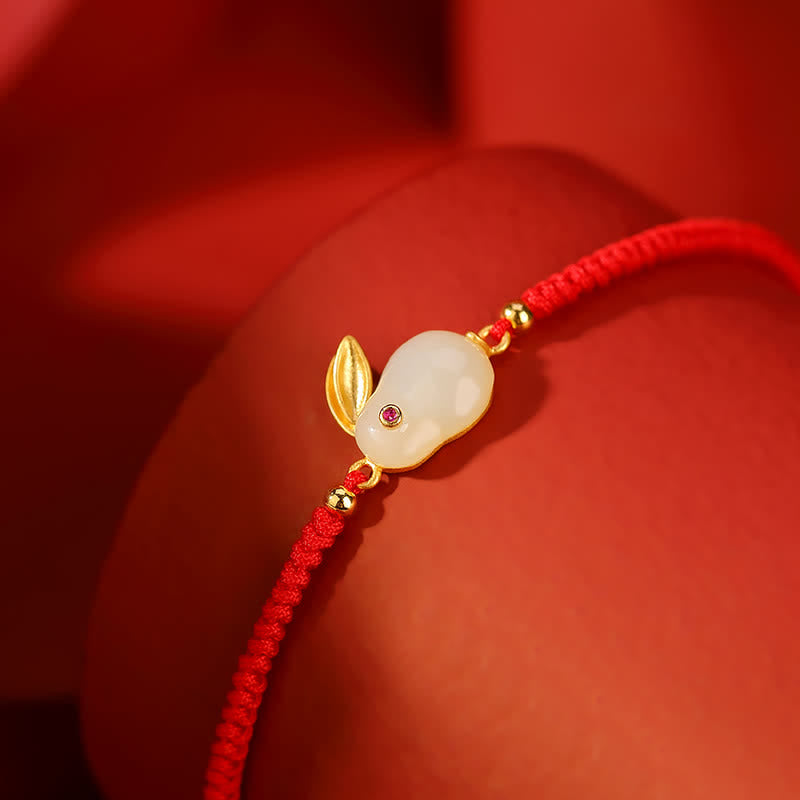 Fortune Jewel 925 Sterling Silver Year of the Rabbit Hetian White Jade Luck Red String Protection Bracelet