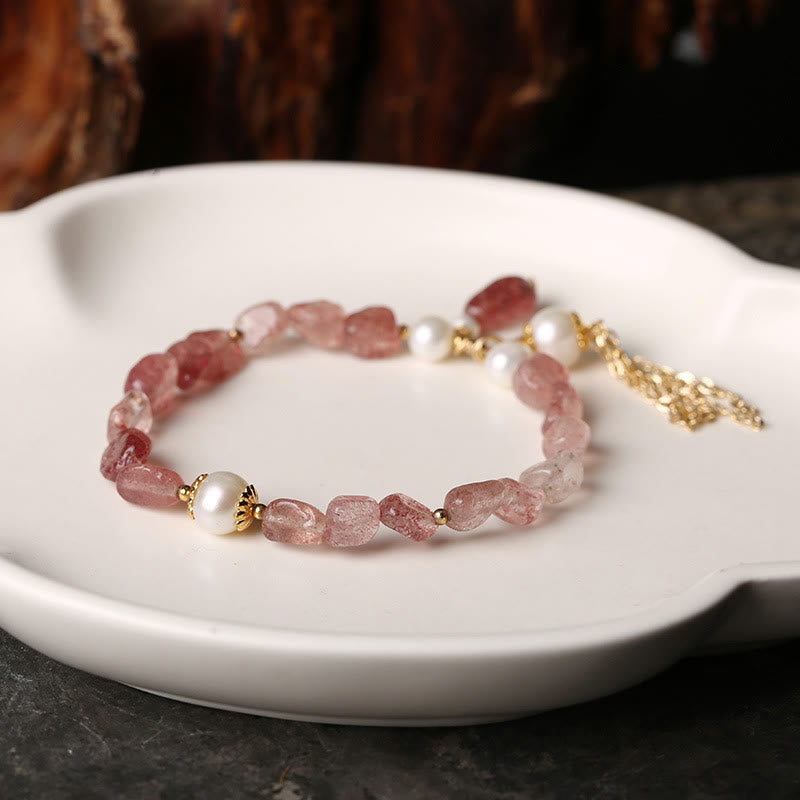Fortune Jewel Natural Strawberry Quartz Pearl 14k Gold Plated Love Healing Bracelet