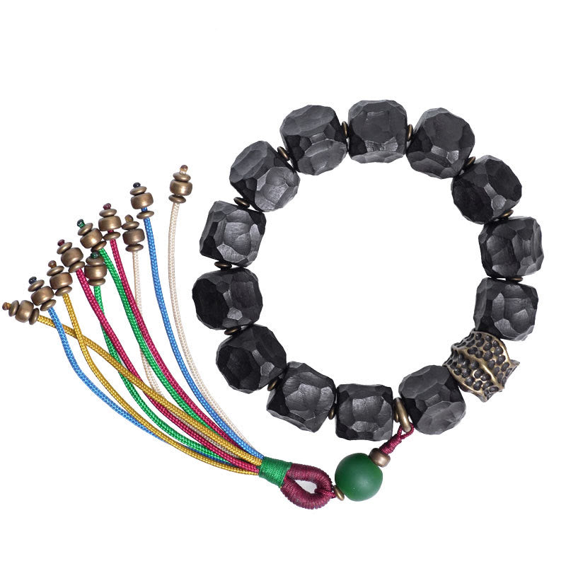 Fortune Jewel Tibet Ebony Wood Copper Peace Tassel Wrist Mala Bracelet