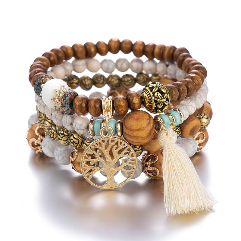 Fortune Jewel Wenge Wood Layered Tree Tassel Healing Bracelet - Fortune Jewel