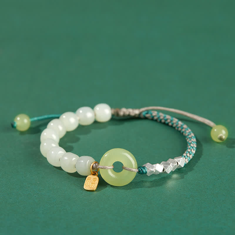 Fortune Jewel 925 Sterling Silver Hetian Jade Peace Buckle Beaded Luck Happiness Charm Bracelet
